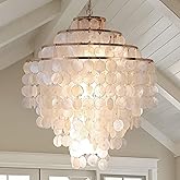 Coastal Capiz Shell Chandelier 24 inch Gold Natural Seashell Farmhouse Boho Chandelier 4-Light Pendant Light Fixture for Livi