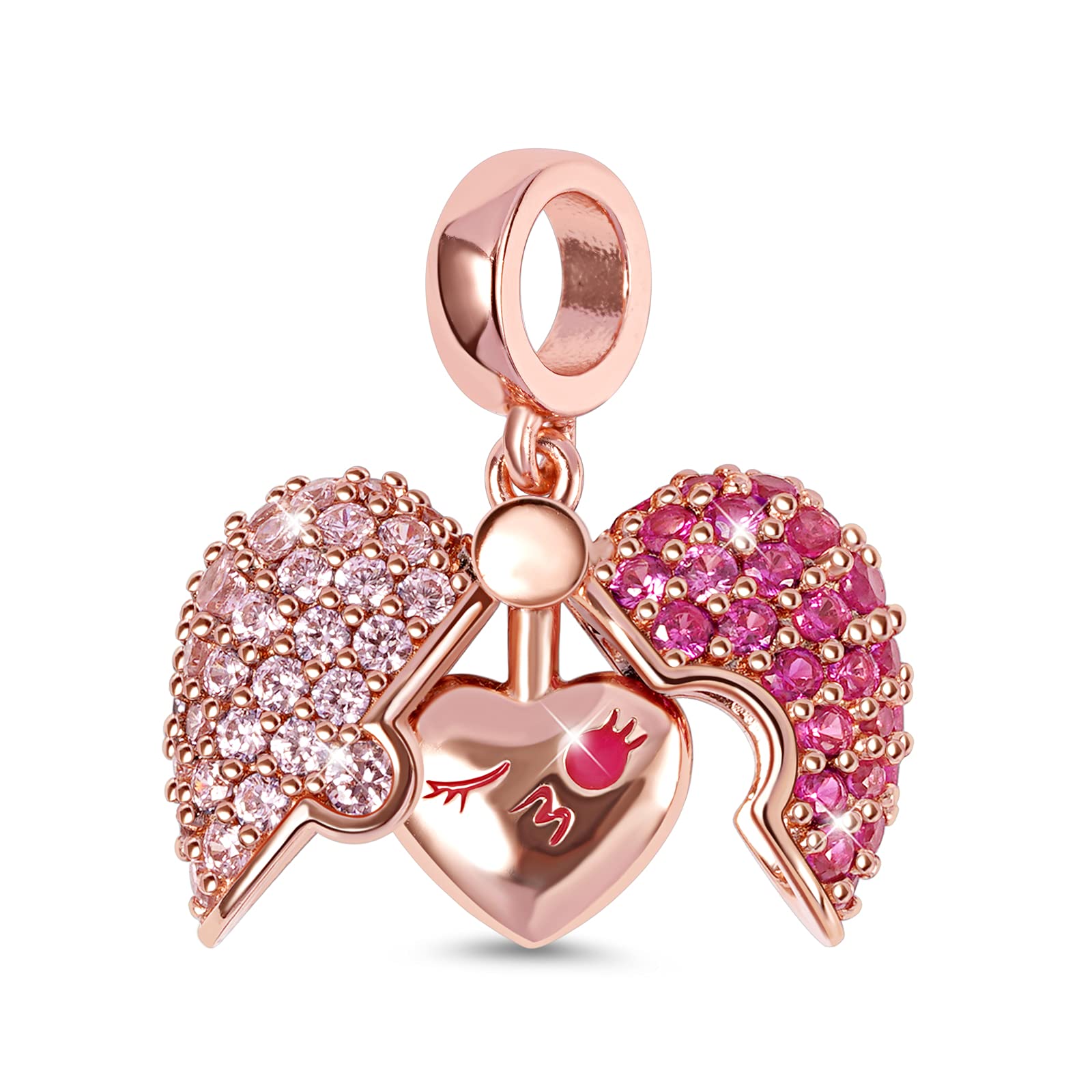 GNOCE "Surprising Love Dangle Heart Locket Charm 925 Sterling Silver Open Heart Pendant Charm with Love Print Fit Bracelet/Necklace for Women Girls Wife Daughter Gift for Her (Rose Gold)