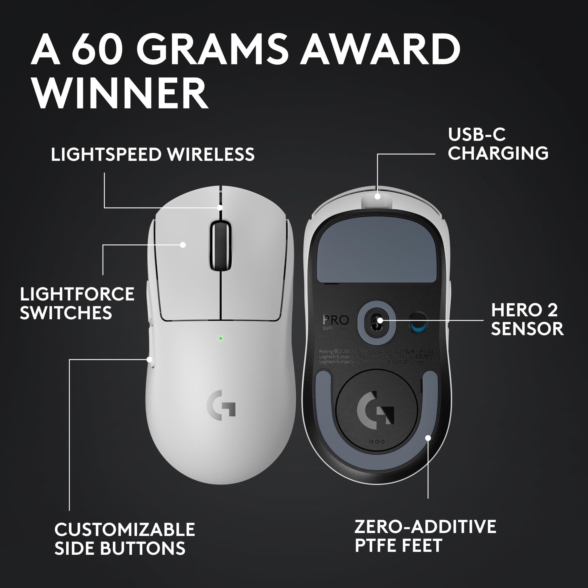Logitech G PRO X SUPERLIGHT 2 Wireless Gaming Mouse, 60g Pro-Grade with 5 Programmable Buttons, 44k DPI Sensor, 8kHz Report Rate, USB-C Charging for PC/Mac - White