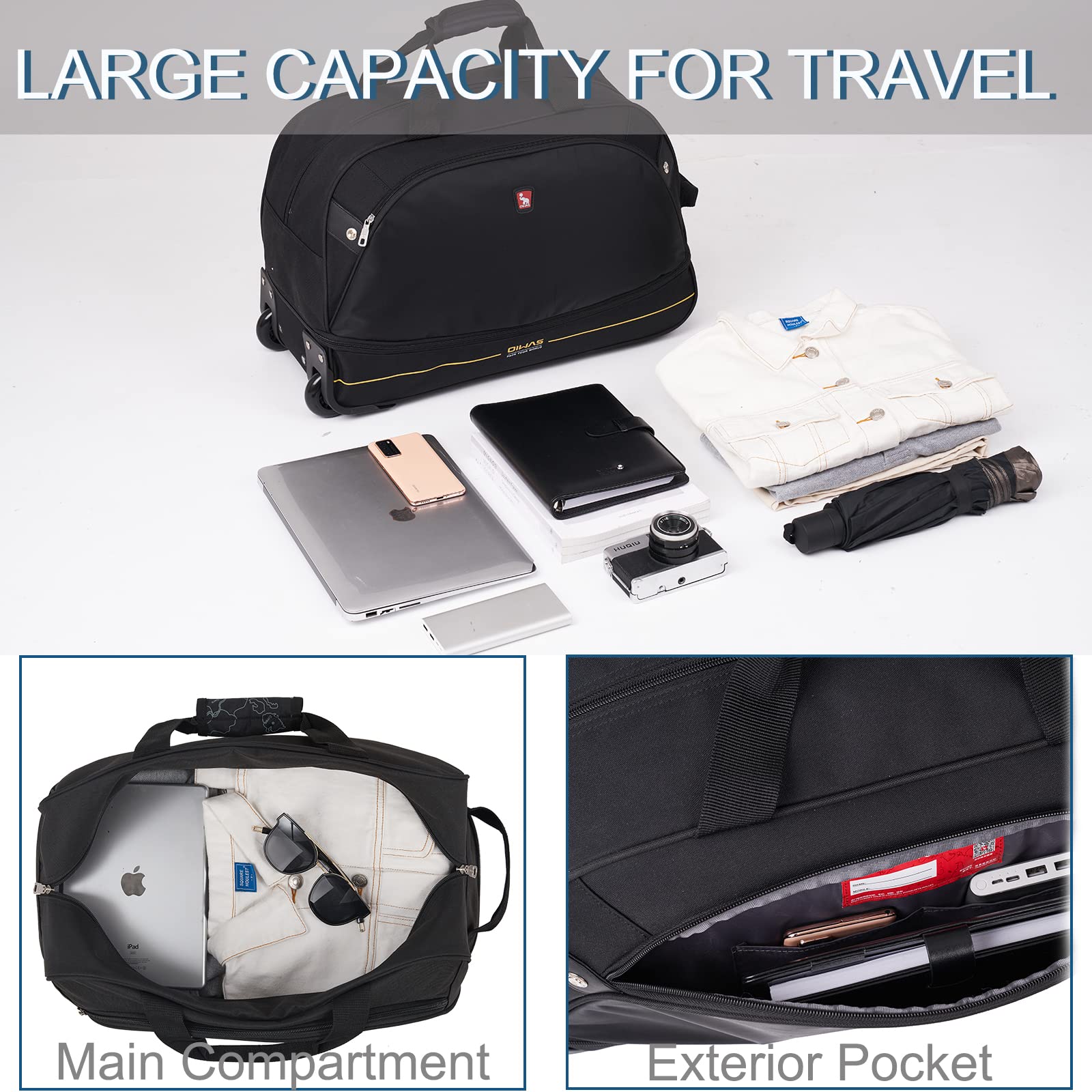 OIWAS Small Rolling Duffle Bag with Wheels Travel 22 inch Carry On Luggage Tote Unisex-Adult Short Term Trips Expandable 50L to 60L
