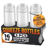 3 Pack 16 oz Inverted Condiment Squeeze Bottles for Sauces, Squirt Bottles | Self-Closing Valve and Sealing Gaskets; Wide Mouth for Refills; Match Each Cap to Its End Before Filling to Prevent Leaks
