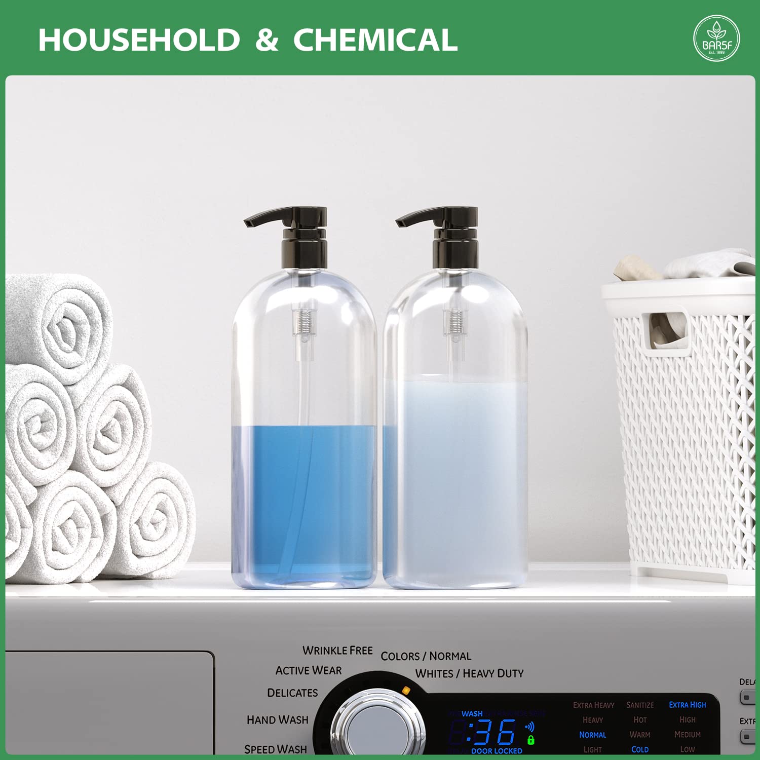 Bar5F Empty Shampoo Bottles with Pumps (2-Pack 32oz/1Liter/Large) BPA-Free PETE1 Plastic Bottle Crystal-Clear