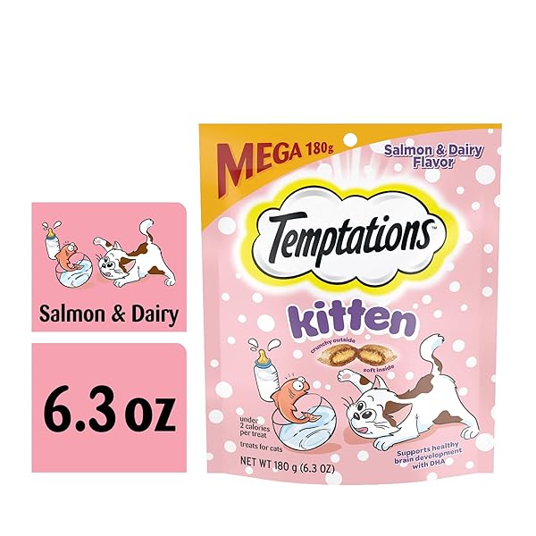 TEMPTATIONS SALMON AND DAIRY FLAVOR CRUNCHY AND SOFT KITTEN TREATS, 6.3 OZ.