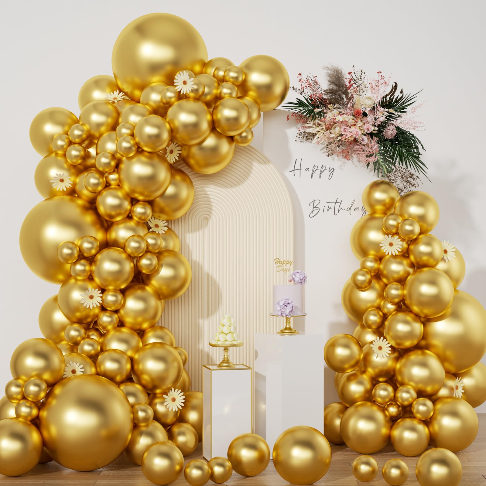 Photo 1 of 134pcs Metallic Chrome Gold Balloons in different sizes 5 10 12 18inch Gold Latex Balloons for 2024 Graduation Baby Shower Wedding Birthday Party Decorations