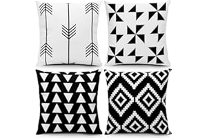 CDWERD Set of 4 Outdoor Waterproof Throw Pillow Covers Boho Decorative Christmas Square Cushion Cases for Couch Sofa Patio Living Room Black and White 18×18 Inch