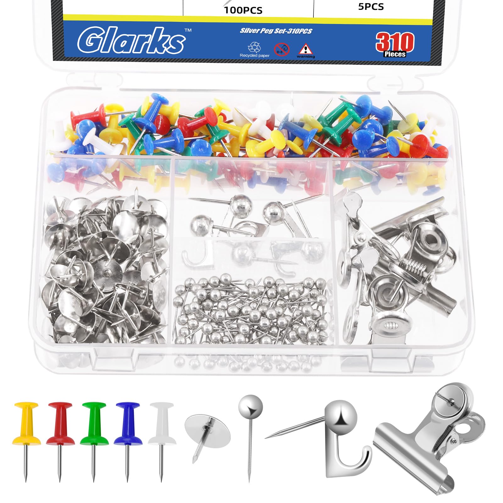 Glarks 310Pcs 5 Styles Silver Push Pins Set, Thumb Tacks Decorative Push Pins for Bulletin Board Decorations, Artworks, Photos, Craft Projects