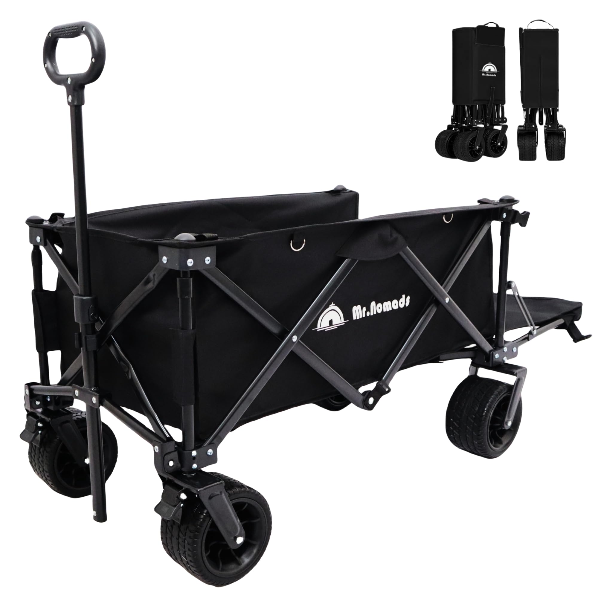 MR. NOMADS 【ラグビー日本代表使用】 キャリーワゴン キャリーカート 4輪 こども乗せれる 折り畳み 軽量 大容量 170L コンパクト 大きいタイヤ 頑丈 耐荷重150kg 自立収納 ワンタッチ収束式 アウトドアワゴン キャンプワゴン カート 子供 (KW002 Black Black) リアゲート付き商品画像