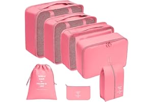 Organizador Viagem Kit 7 Peças - Necessaire para Bagagem Malas Roupas Bolsa Cosméticos Higiene - Dobrável Impermeável Multiuso Feminina Masculina Unissex Grande Compacto Prático (ROSA)