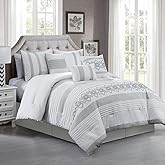 Chezmoi Collection Ariel 7-Piece Gray Geometric Chenille Embroidery Pleated Striped Comforter Bedding Set, California King Size