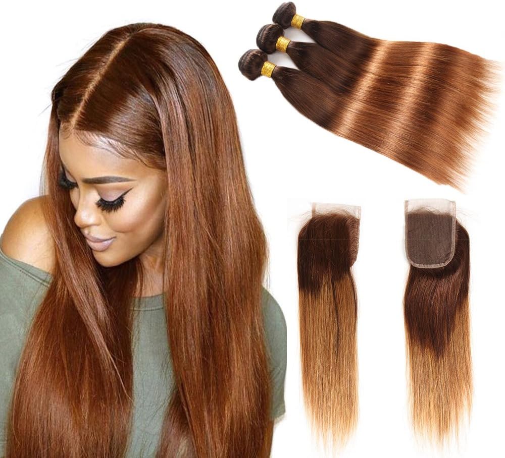 Big Sale ELEE'S HAIR Ombre Brazilian Hair Straight Human Hair Bundles with 4×4 Lace Closure Free Part 3 Tone Remy Hair Bundles with Closure T4/30(16 18 20+14)