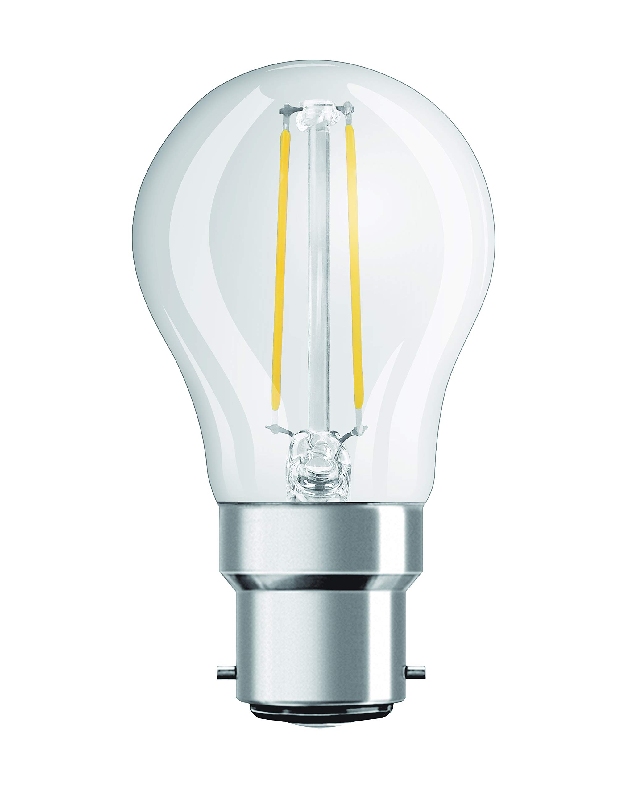OSRAM LED Retrofit Classic P/LED lamp, Classic mini Ball Shape, Retro Design, in Filament Style, with Bayonet Base: B22d, 2.10 W, 220…240 V, 25 W Replacement, Clear, Warm White, 2700 K, 1pack