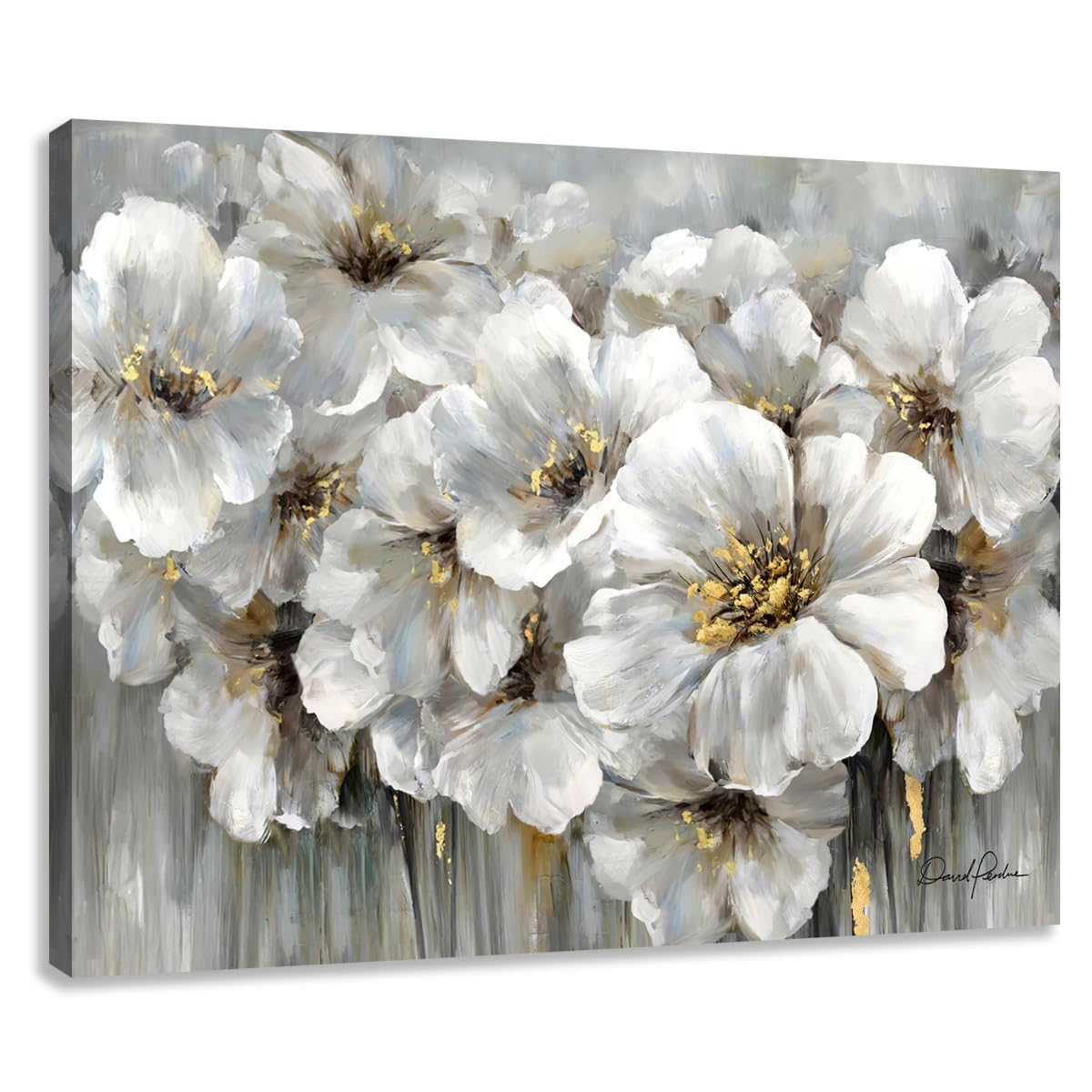 Living Room Flower Picture Wall Art White Floral with Gold Accents ...