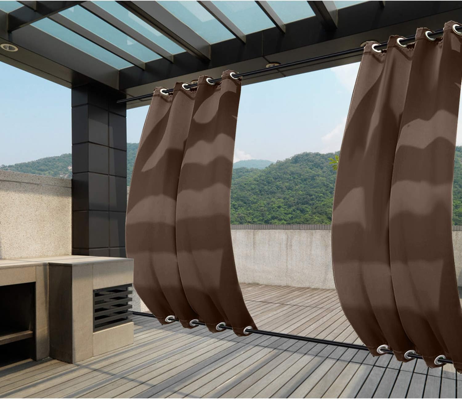 Macochico Outdoor Windproof Curtains Thermal Insulated Noise Reducing Waterproof Blackout Draperies Grommet at Top and Bottom for Patio Porch Gazebo Garden Chocolate 52W x 84L (1 Panel)