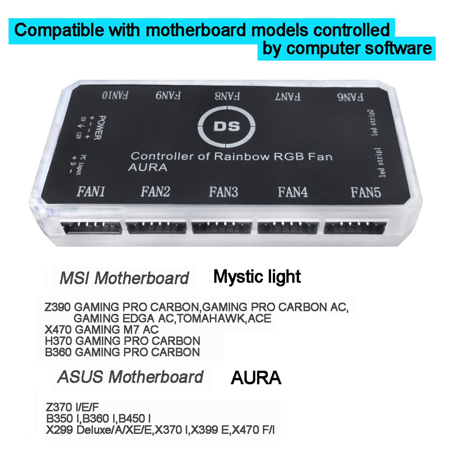 DS Rainbow RGB Fans and LED Strip Sync Controller Only for DS A D E G Series Fans, Compatible with Aura or Mystic (5V 3PIN, 6th Gen, O Series)