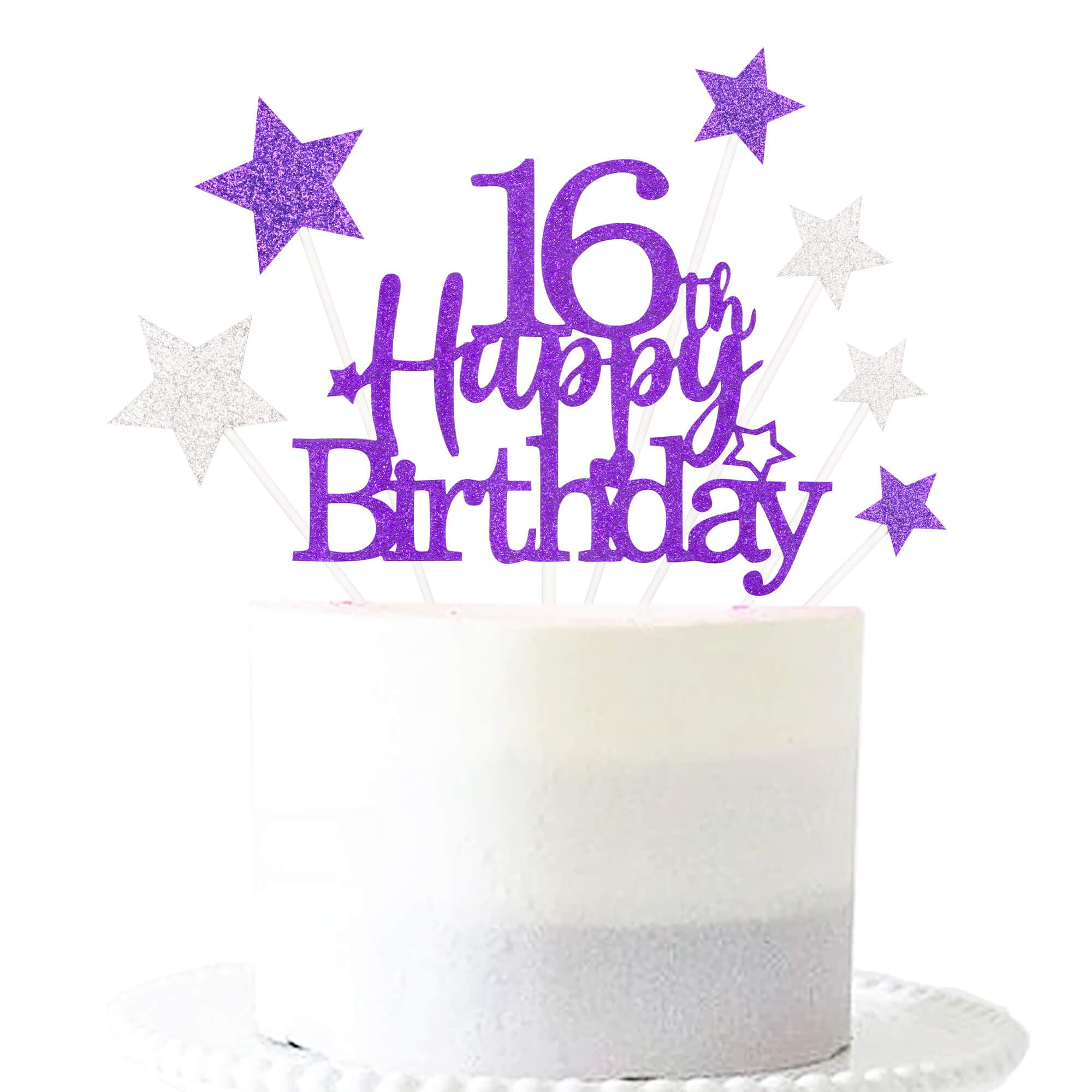 Glittery 16th Happy Birthday Cake Topper with Star,Personalised 16 Birthday Cake Toppers Party Decorations Party Supplies for Boys Girls Purple Silver