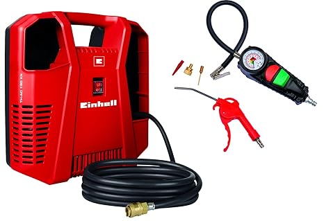 Einhell Kompressoren-Set TC-AC 190/8 OF Set (1.100 W, max. 8 bar, 3 m Druckluftschlauch mit Schnellkupplung, inkl. Ausblaspistole, Reifenfüllmesser und 3-tlg. Adapter-Set)