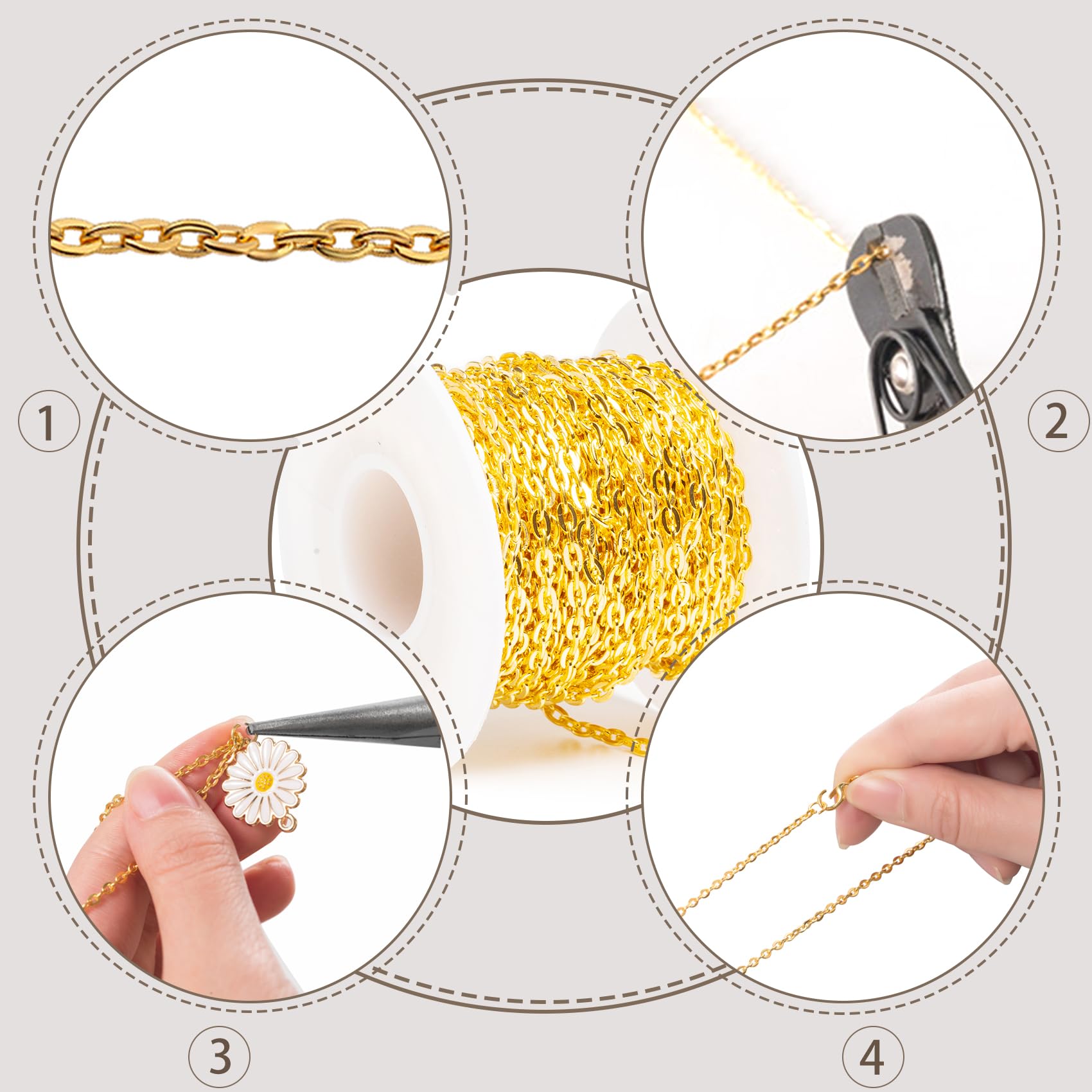 Lemonkey 33 Feet Metal Bronze Necklace Chains Cable O-Shaped Links Chains Bulk for Jewelry Making DIY Craft Kit with Lobster Clasps Jump Rings