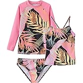 Girls 3 Piece Rash Guard Swimsuits Set Tankini Bathing Suits for Girls Long Sleeve Beach Swimwear 3-16 Years