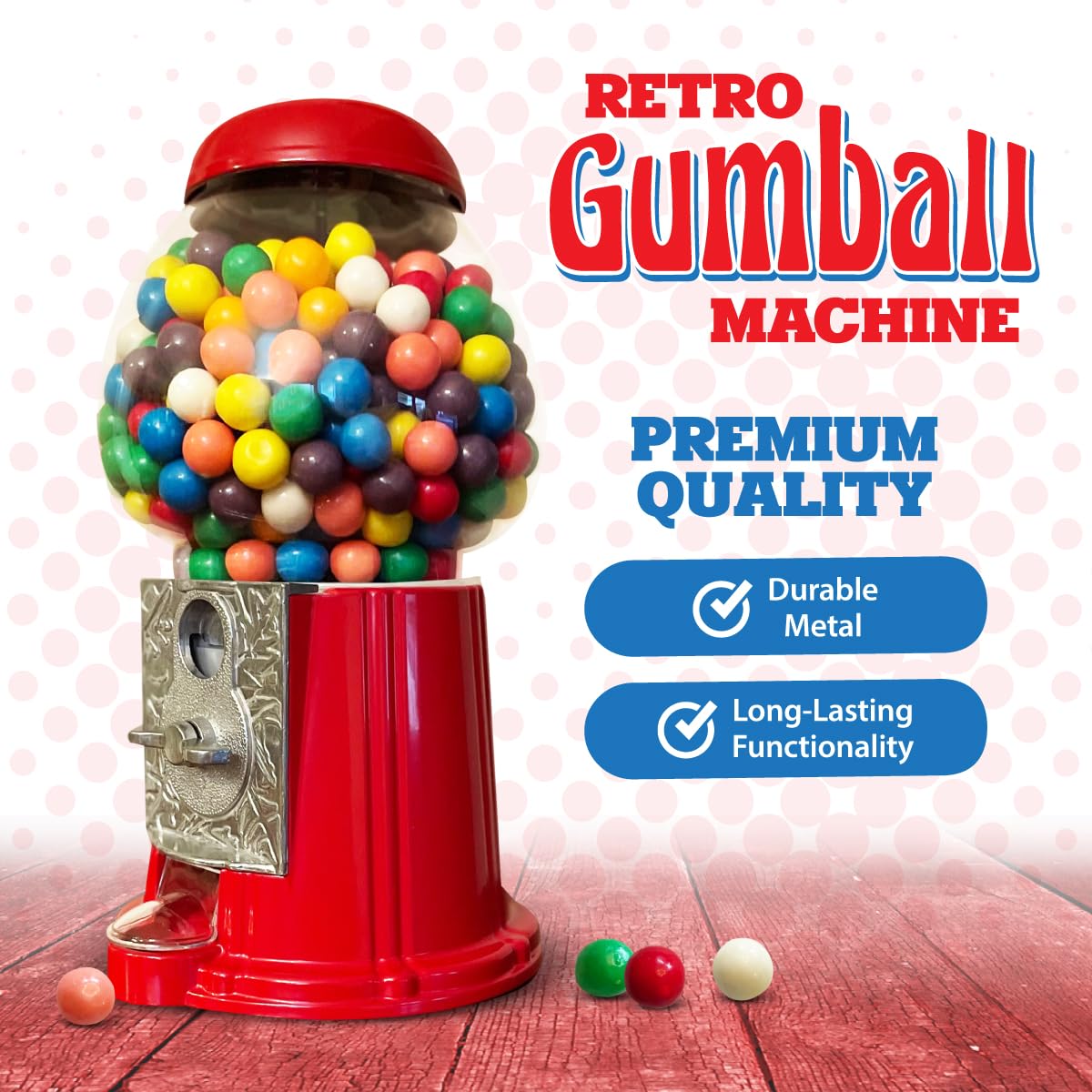American Gumball Company - Metal 11-Inch Retro Style Red Gumball Machine, Made For 0.62 Inch Gumballs, Candy or Nuts, Accepts Any US Coin