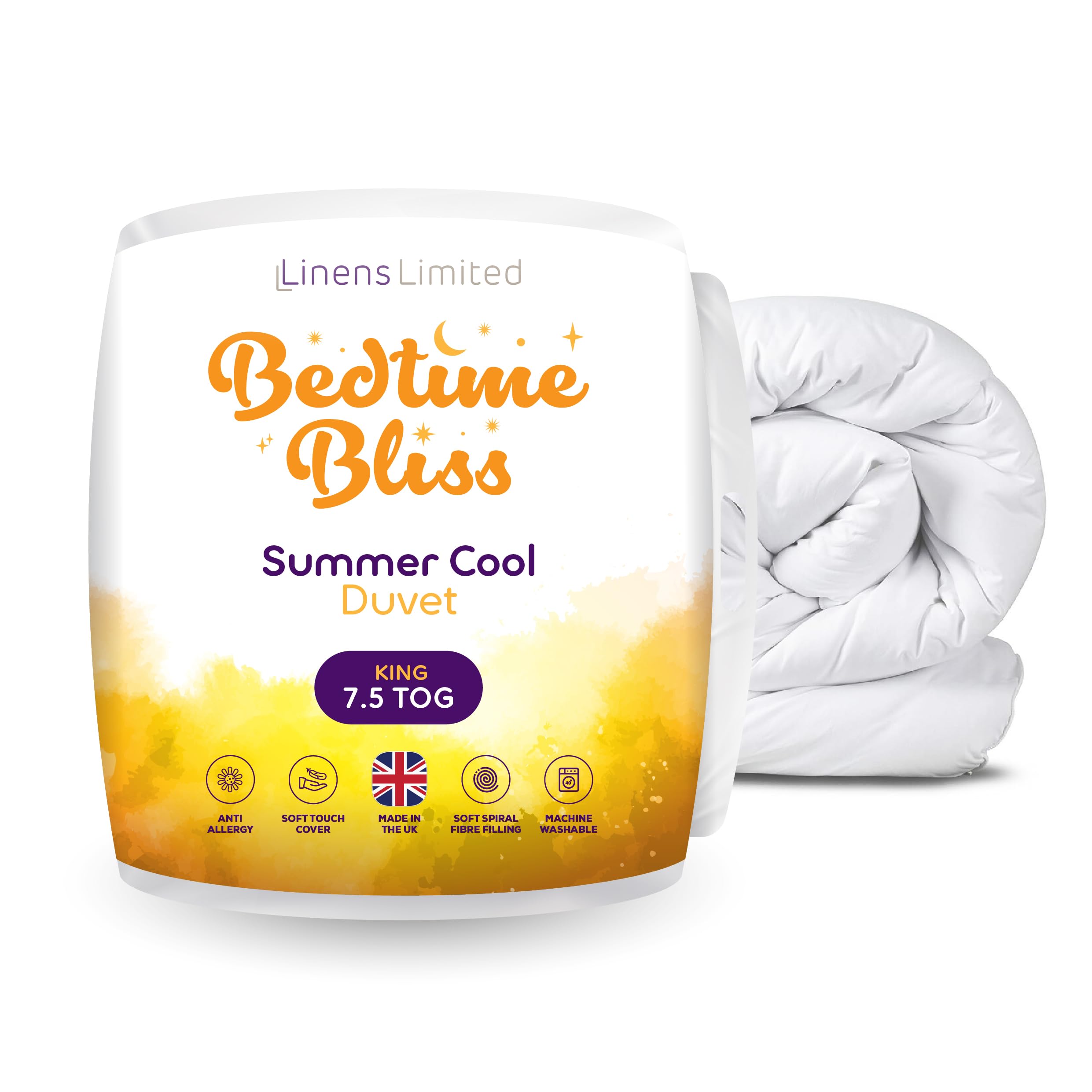 Linens Limited - King Size Duvet 7.5 Tog, Made in the UK, Bedtime Bliss, Summer Cool Quilt, Soft and Comfy, Hollowfibre, Machine Washable (White)