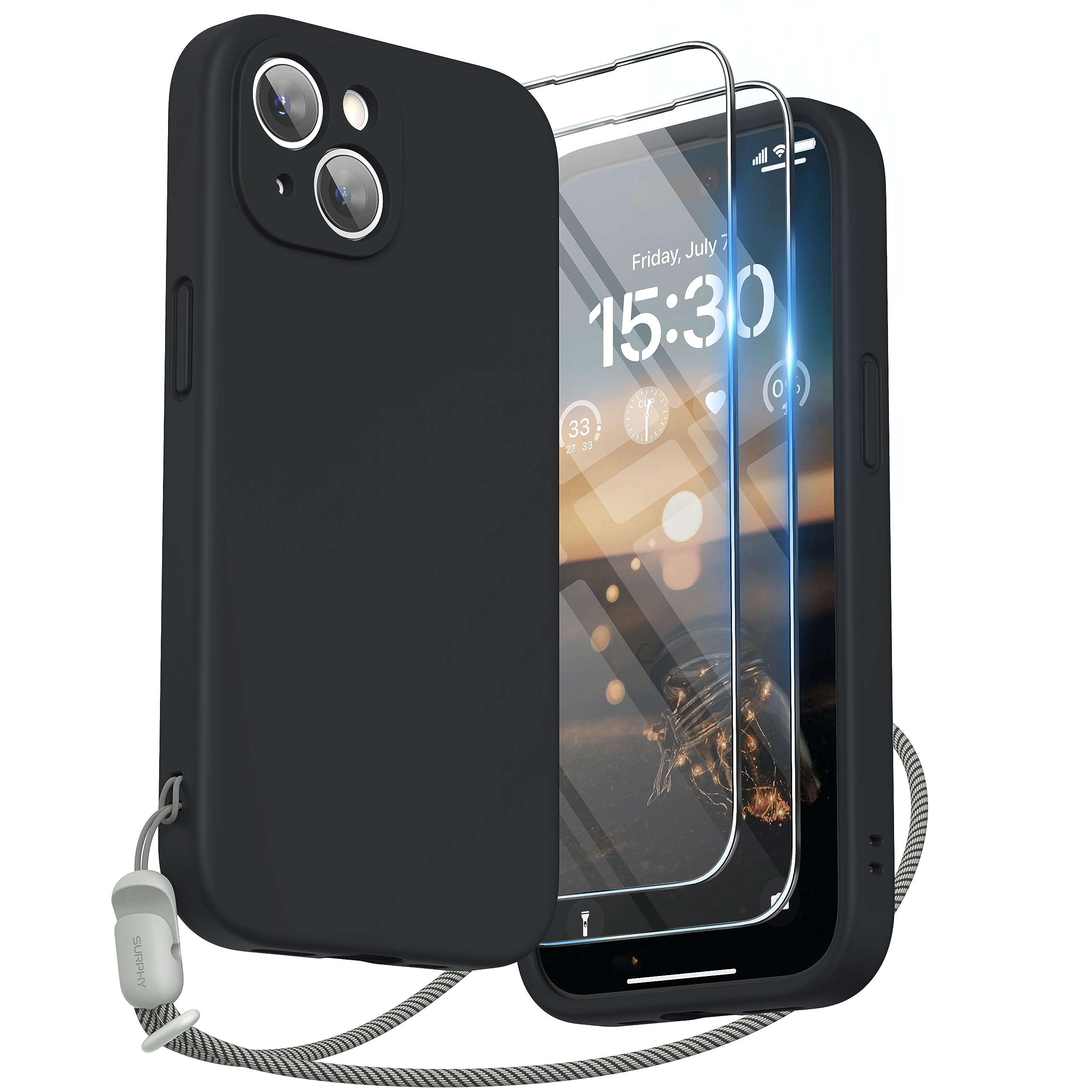 SURPHY Design for iPhone 15 Case, Liquid Silicone Protection for Each Lens [2 x Screen Protectors & 1 x Lanyard] Shockproof Cover for iPhone 15 6.1 inch 2023, Black — image 1