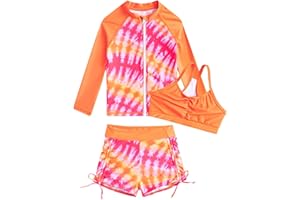 Funnycokid Girls Swimsuit 3 Pieces Zip Rash Guard Bathing Suits Set Kids Bikini Boyshort Summer Swimwear 3-14 Years
