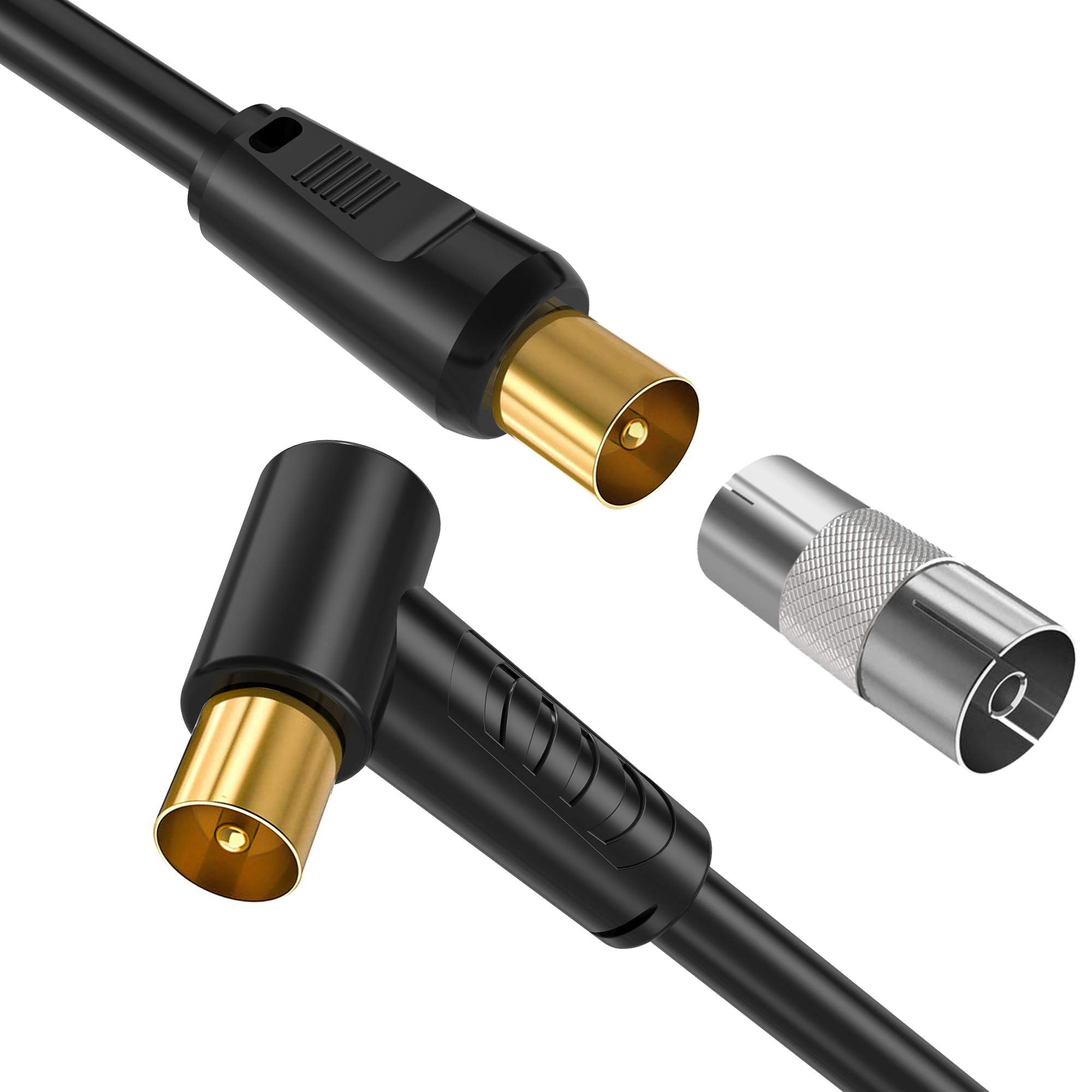 Ancable 5M TV Aerial Coaxial Cable Male to Male Black, Right Angle Satellite Cable RF TV Antenna Coax Gold Plated Connector Flylead for Sky/SkyHD, Virgin, BT,TV, VCR or DVD players with Coupler