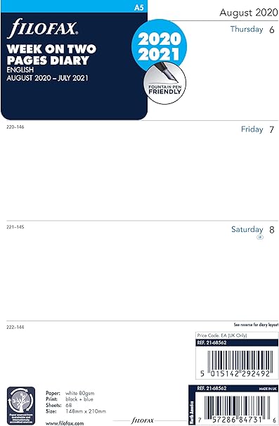 Filofax A5 Settimana Su Due Pagine Inglese Meta Anno Agosto 21 Luglio Amazon It Cancelleria E Prodotti Per Ufficio