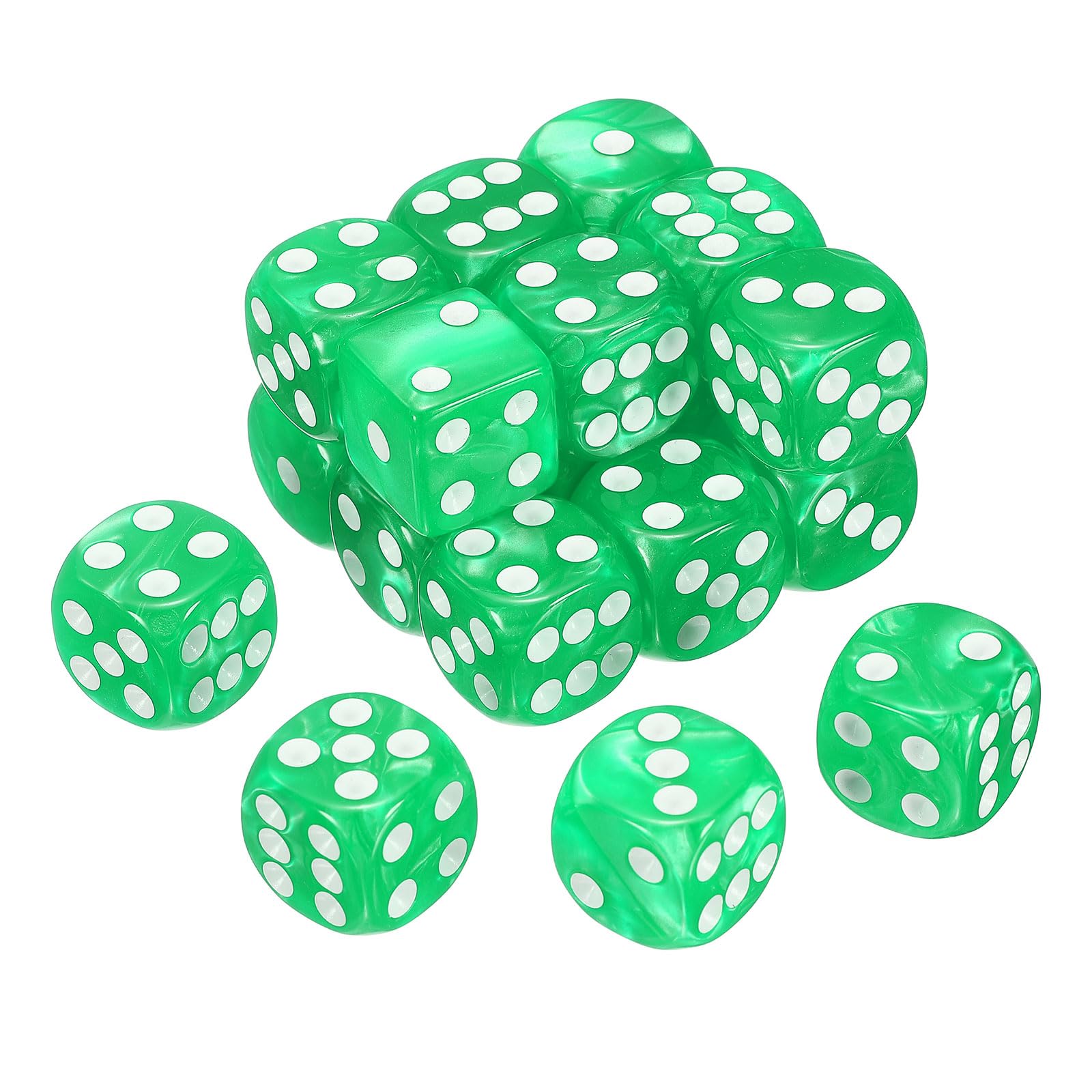 sourcing map 24Pcs 6 Sided Colored Standard Dice, 16mm Acrylic D6 Mini Polyhedral Pearl Pattern Game Dice Set for Table Games, Light Green/White Point
