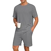 PrinStory Mens Pajamas Set Summer Pjs Sets Lightweight Short Sleeve Pajama Shorts Set Soft Sleepwear Loungewear with Pockets