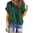 Dokotoo Womens Summer Tops Crewneck Lace Crochet Short Sleeve Shirts Casual Chiffon Blouses