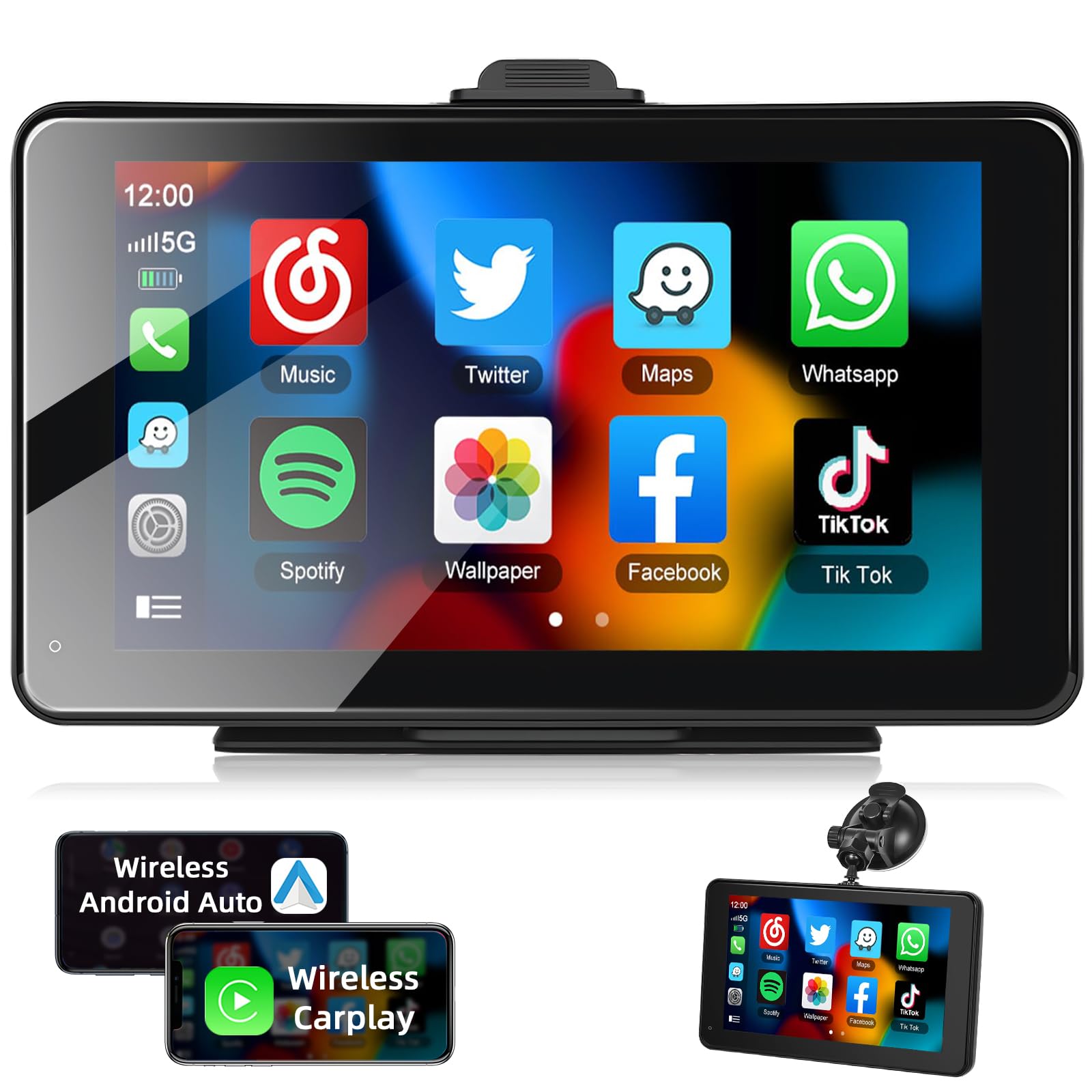 Podofo Portable Car Stereo with Wireless Apple Carplay Android Auto,7'' HD IPS Touch Screen Stereo for Car with Mirror Link/Bluetooth/GPS/Voice Control/AUX/GPS Navigation/FM Transmitter(7V-32V)