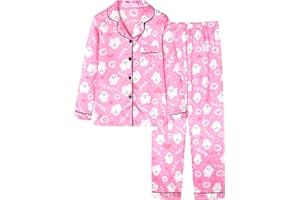 UNICABBIT21 Satin Pajamas for Big Girls Unisex Kids Silk Button Down Long Sleeve & Pants PJS 2PCS Size 8-16