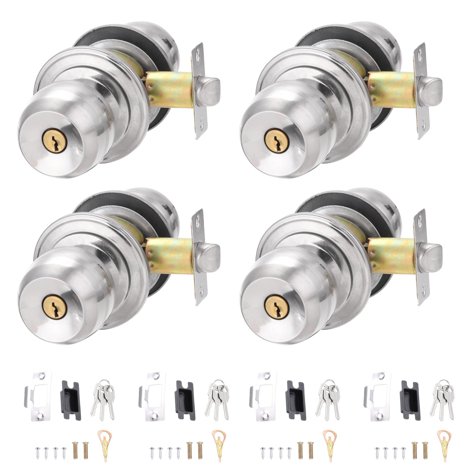 PATIKIL Key Entry Door Knobs Interior 60mm/2.4inch, 4 Pack Round Stainless Steel Bedroom Bathroom Door Knob with Zinc Lock Entry Indoor Outdoor Door, Silver