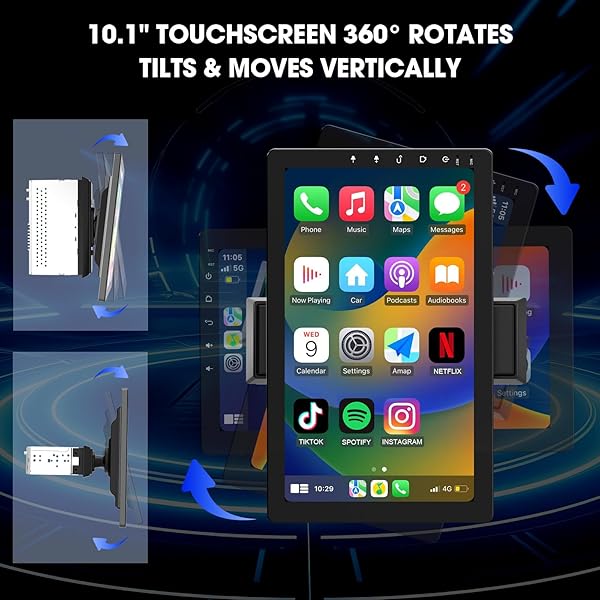 10.1 INCH ROTATABLE CARPLAY SCREEN FOR CAR AND ANDROID AUTO,SINGLE DIN CAR STEREO WITH 720P BACKUP CAMERA,TOUCH SCREEN GPS NAVIGATION,BLUETOOTH,VOICE CONTROL