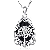 AXOMY Scottish Thistle Necklace for Women 925 Sterling Silver Black Onyx Pendant Necklace Thistle Jewelry Scottish Gifts