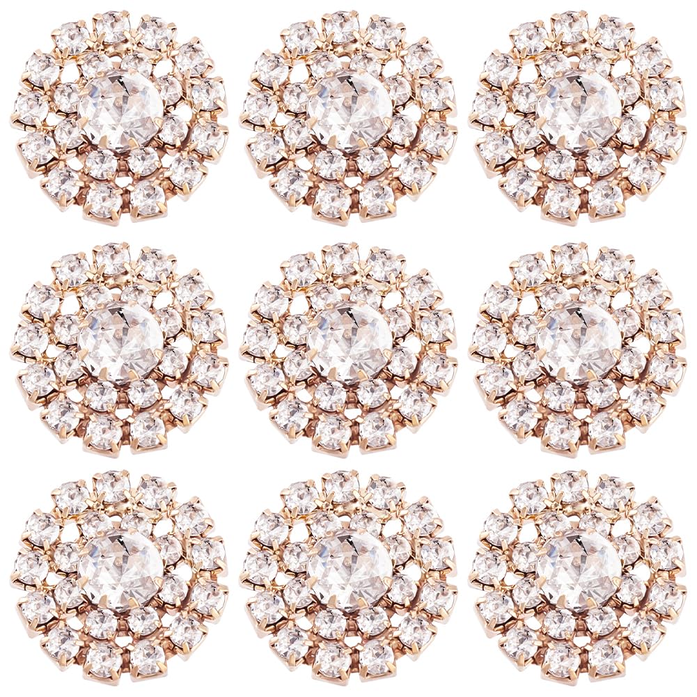 AHANDMAKER 30 Pcs Rhinestone Buttons Embellishments, 19mm Light Gold Flower Flatback Rhinestone Buttons, Crystal Button Embellishments for Crafts Jewelry Making Bow Headband Dress Wedding Decoration