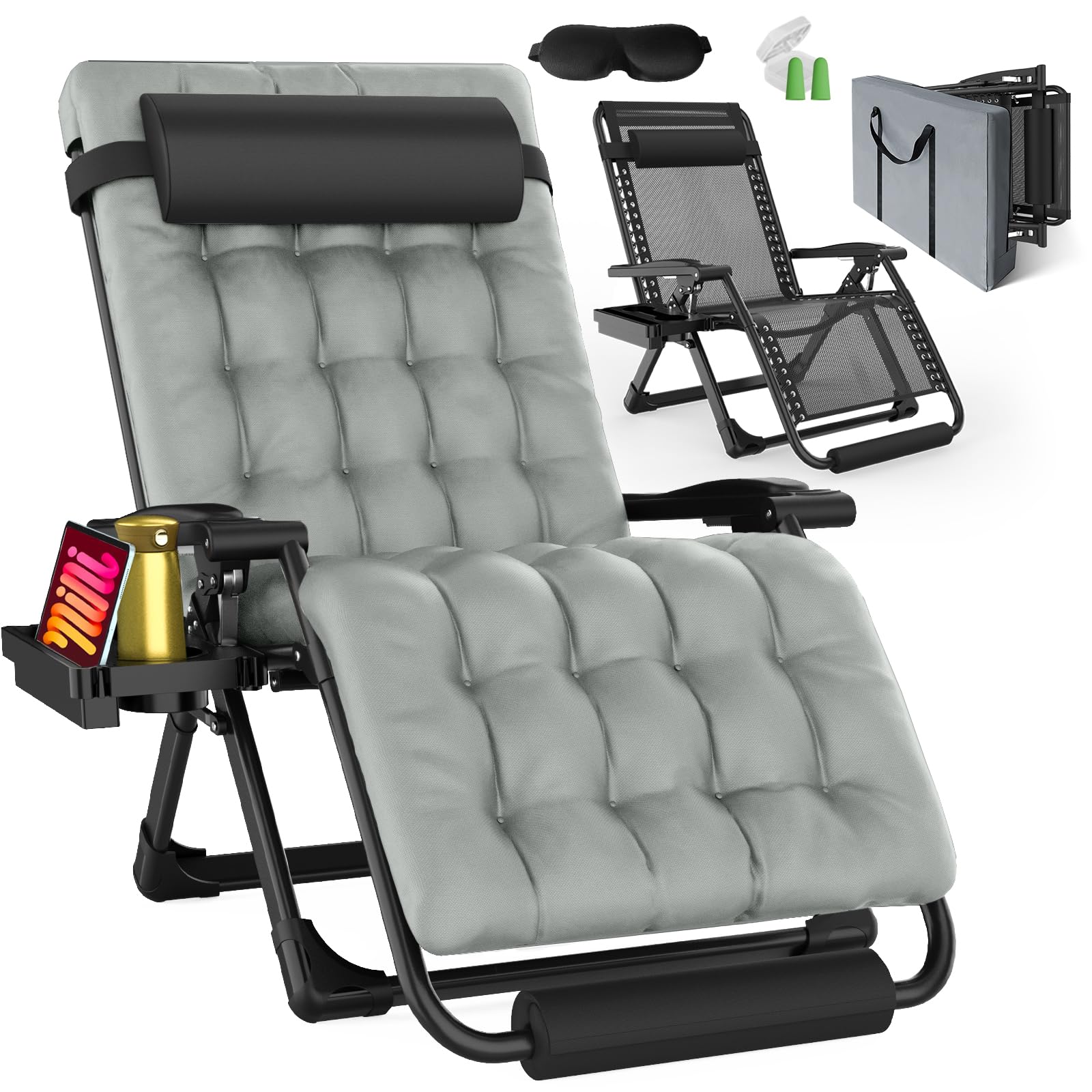 Photo 1 of Oversized Zero Gravity Chair with Cushion XXL, 33In Padded Lounge Chair, Recliner Camping Chair W/Full-Alu Alloy Lock, Cushion, Storage Bag, Footrest, Cup Holder, Folding Chair Support 500lbs, Gray