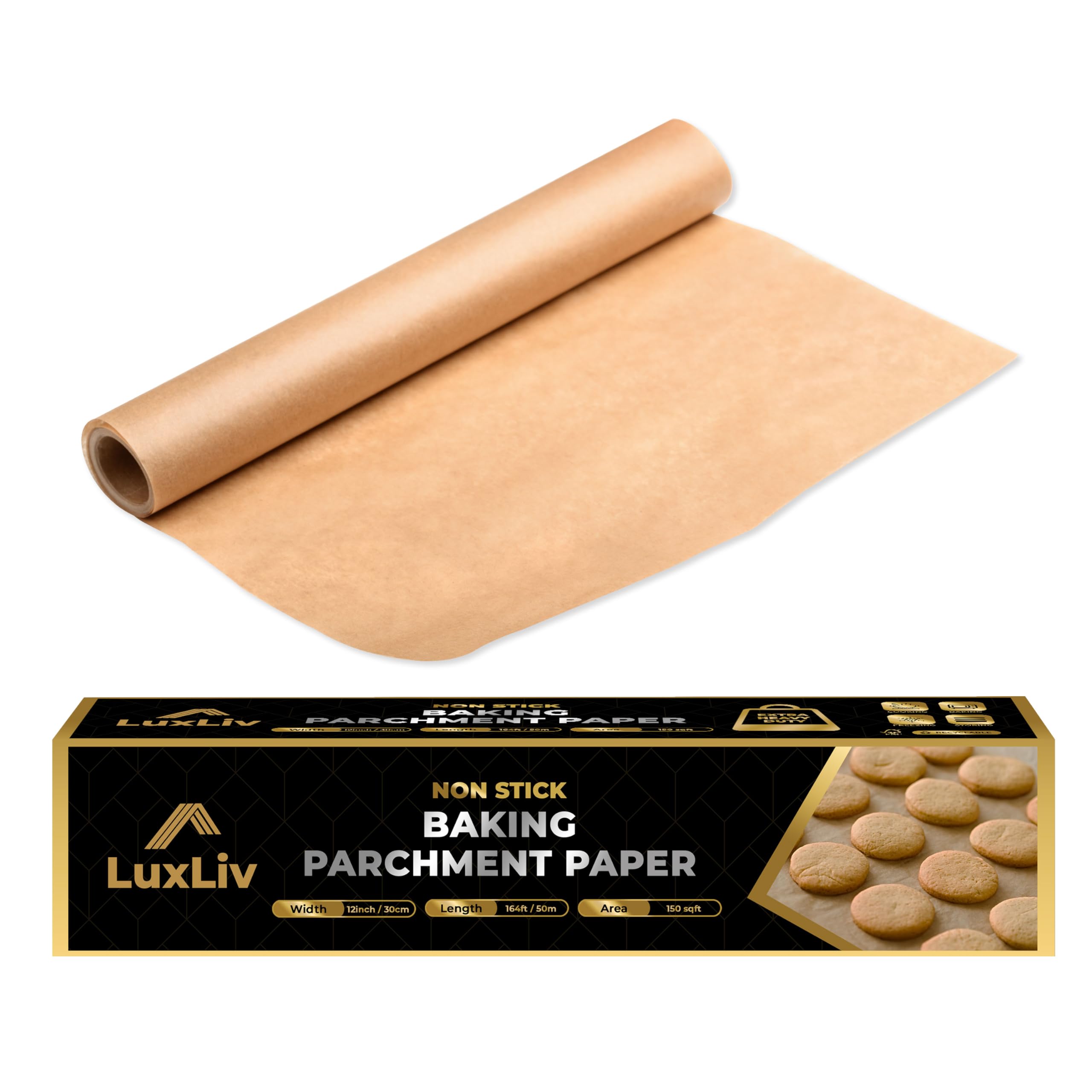 LuxLiv ® 30cm Wide Brown Baking Parchment Paper Roll 50m – Heavy Duty Greaseproof Non-Stick Unbleached Parchment Paper with Integrated Cutter – Cooking & Baking Paper
