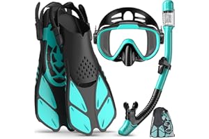 Ubekezele Snorkeling Gear for Adults Men Women,4 in 1 Snorkel Set with Panoramic View Diving Mask Anti-Fog Anti-Leak,Dry Top Snorkel,Fins and Travel Bag for Swimming,Snorkeling and Travel Diving
