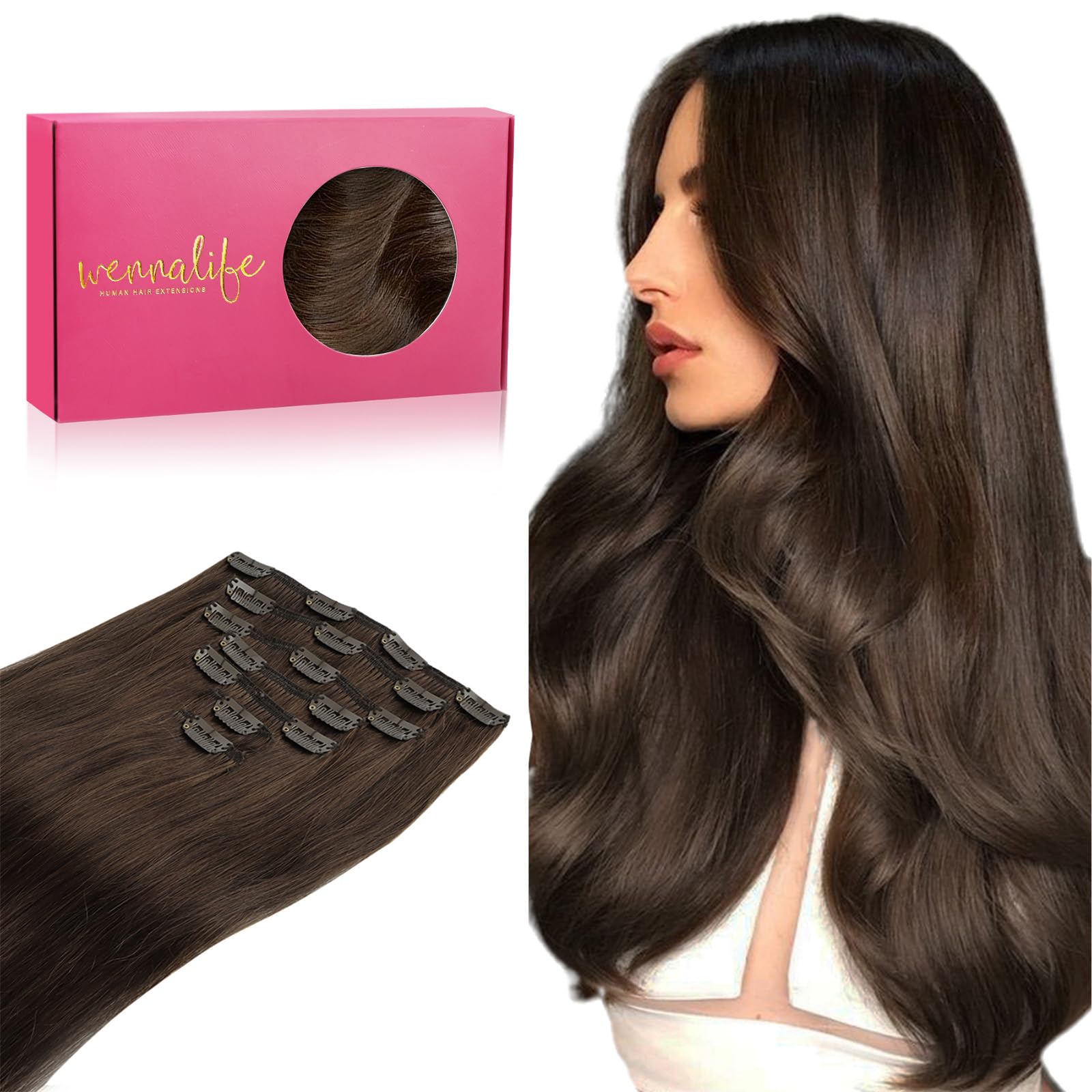 WENNALIFE Clip In Hair Extensions, 20 Inch 120g 7pcs Real Human Hair Chocolate Brown — image 1