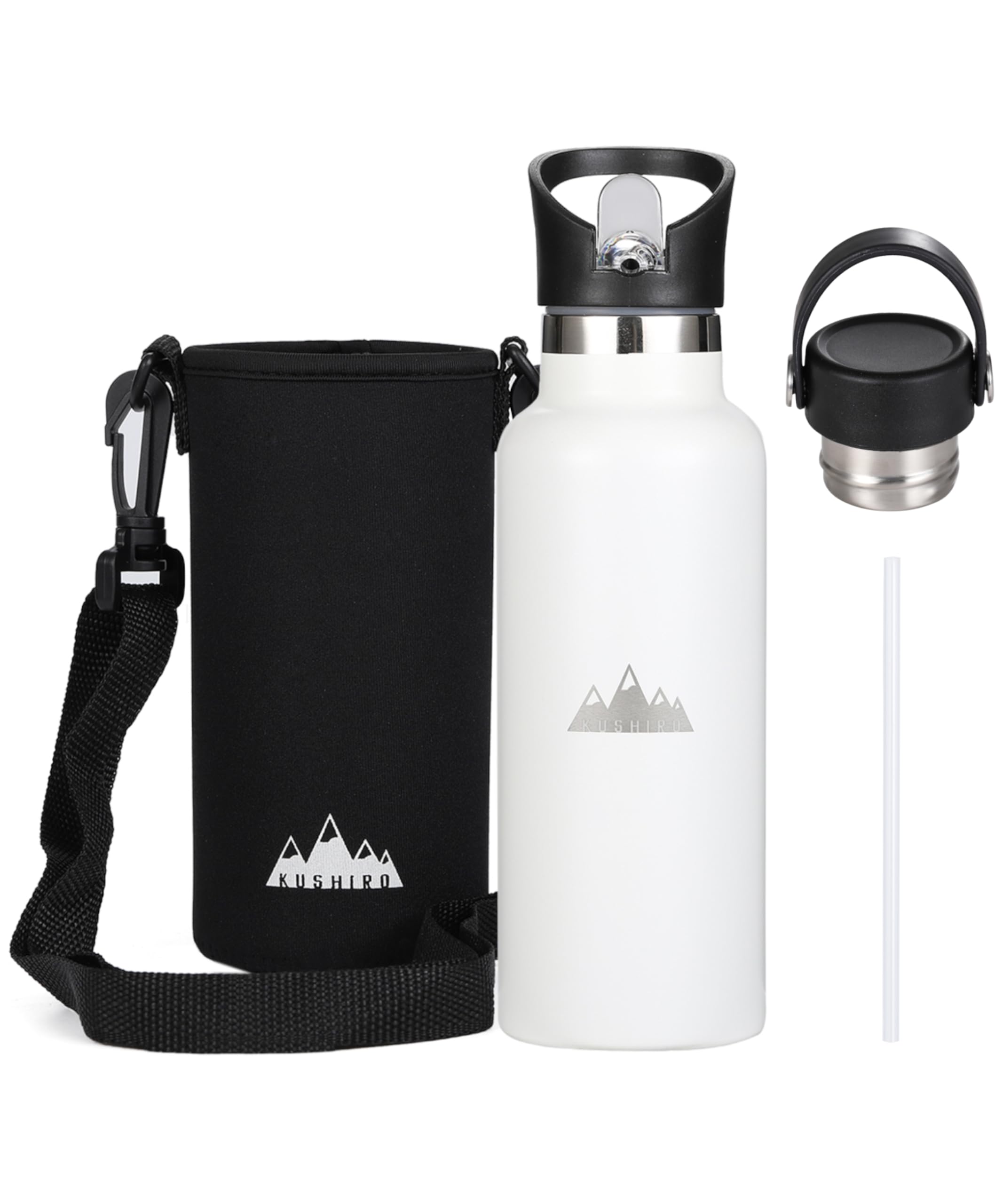 Kushiro Stainless Steel Water Bottle with Bag, Straw Lid, Reusable Vacuum Insulated Metal Drinks Flask, Thermal Insulated Bottle for Travel, Gym, Sports, Outdoors, Work, School - 500ml (White)