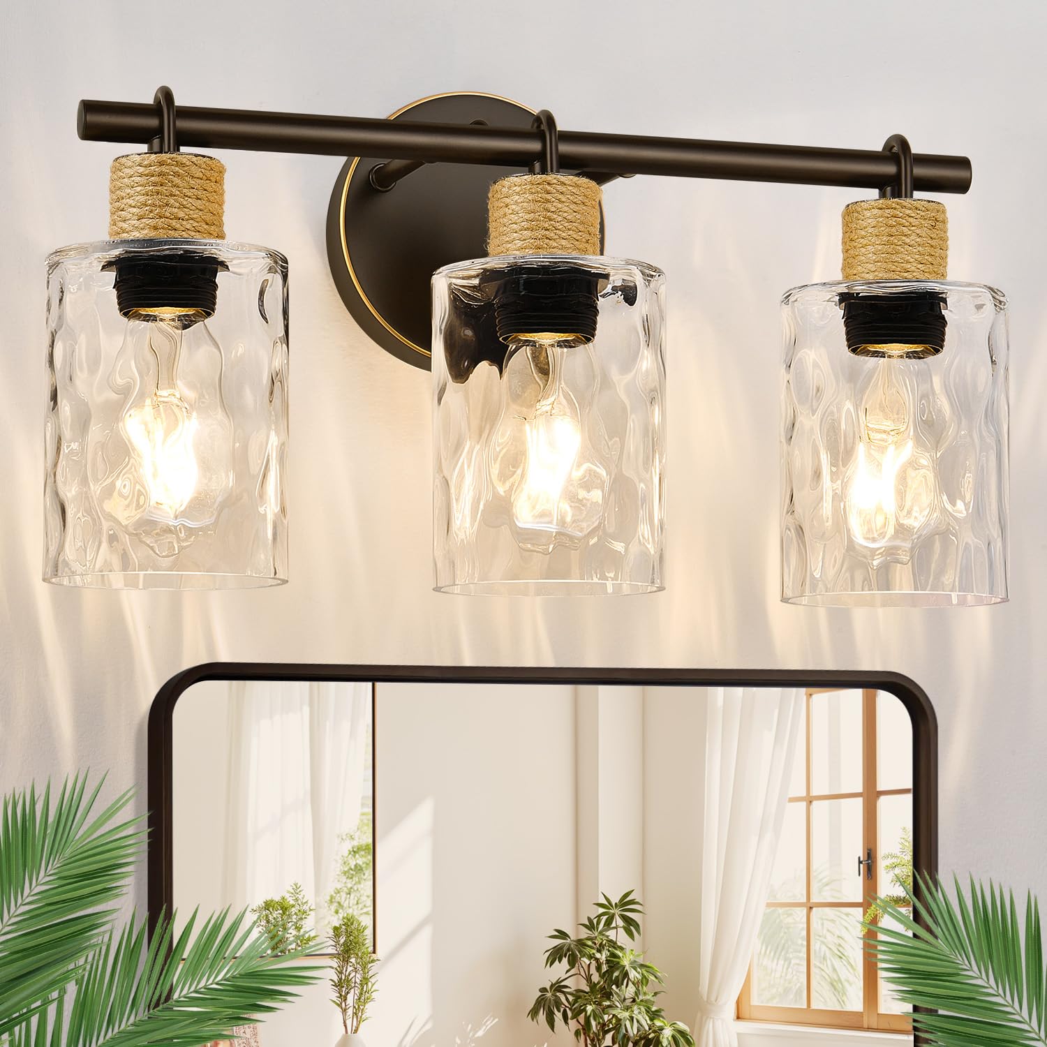 Photo 1 of 2025 Upgrade Bathroom Light Fixtures, 3-Light Coastal Vanity Lights with Crystal Glass Shade, Oil-Rubbed Bronze Bathroom Wall Lamp for Mirror Kitchen Hallway Cabinet