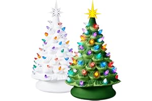Pickmesh 2 Sets Ceramic Christmas Tree 15 Inch Ready to Paint White Ceramic Bisque Christmas Tree Unpainted with Multicolored Bulb Light Acrylic Paint Strip Mixing Palette Brushes for Tabletop Decor