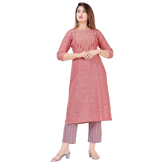 Women's Cotton Emberoidered Kurta And Pant Set (PEACH)