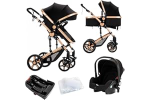 Nine point nine 3 in 1 Baby Stroller Travel System Combo Set, Reversible Infant Stroller with Aluminum Frame, Convertible Toddler Newborn Pram Carriage of One-click Folding (UD588-BLACKGOLD with Base)