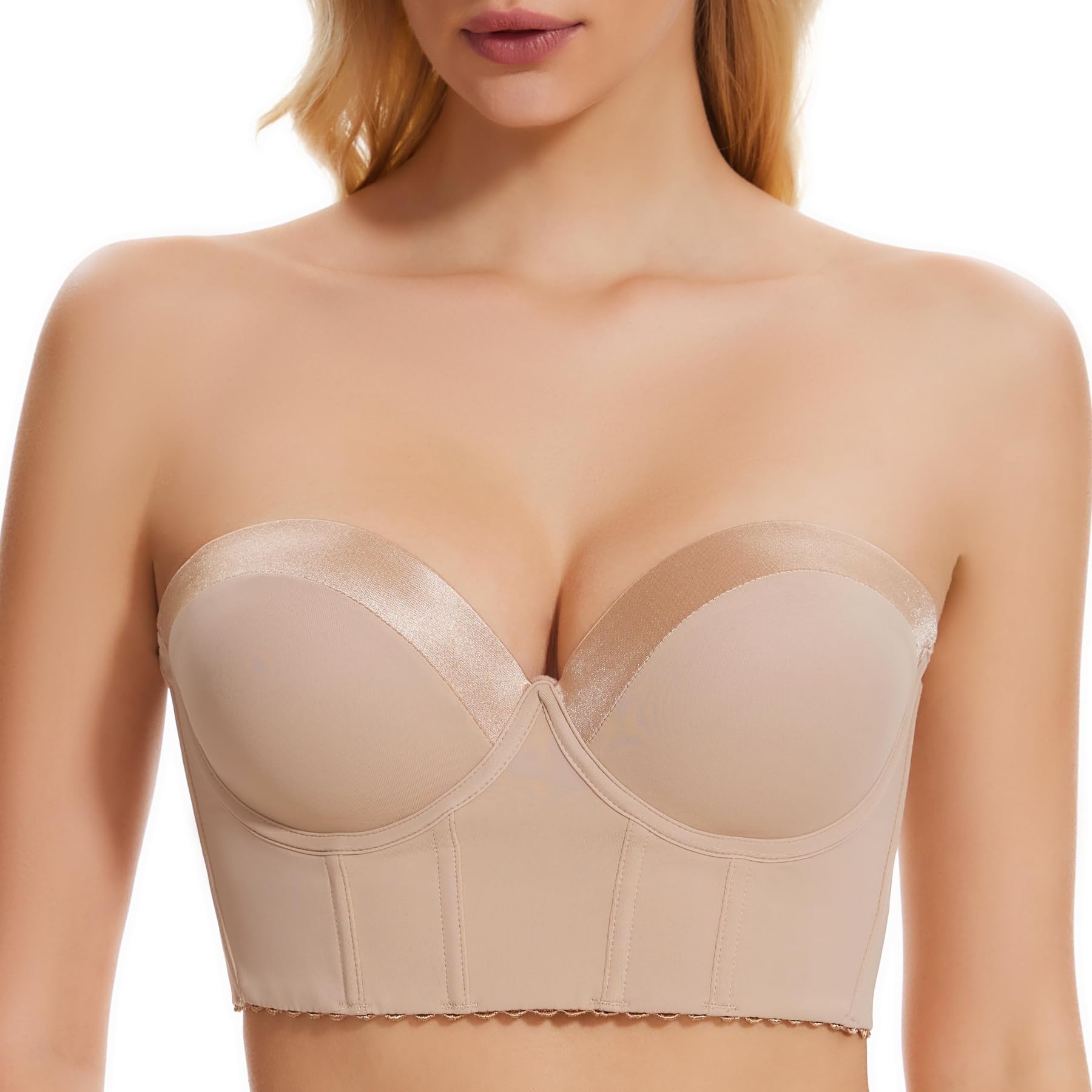 Photo 1 of SEA BBOT Women Push Up Strapless Bra Longline Padded Add Cup Bra Dark Beige 38D