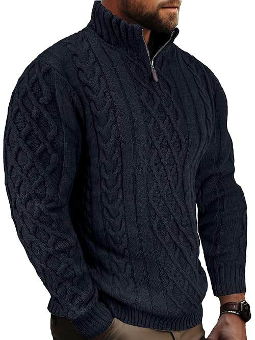 Comdecevis Mens Fall Sweater Cable Knit Sweatshirt Mock Neck Polo Soft Casual Pullover Sweater S Dark Blue