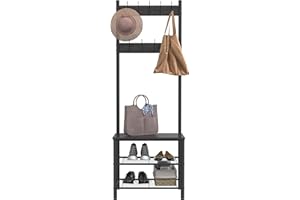 Yusong Industrial Coat Rack Shoe Bench,Entryway Hall Trees Storage Shelf with 2 Mesh Shelves,3 in 1 Design,Easy Assembly, Gray