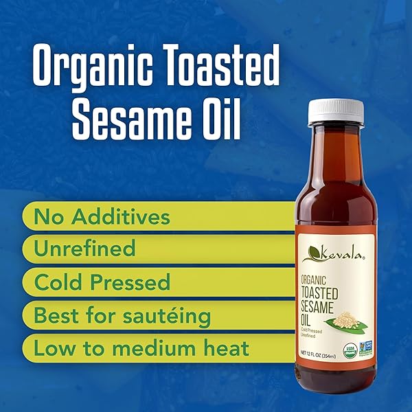 KEVALA ORGANIC TOASTED SESAME OIL – CHOLESTEROL-FREE OIL WITH ANTIOXIDANTS AND ESSENTIAL VITAMINS FOR DAILY COOKING AND BAKING, GREAT IN ASIAN-STYLE RECIPES, KITCHEN PANTRY ESSENTIAL, 12 OZ, 354 ML